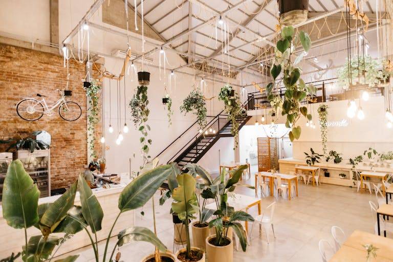 Café spacieux et lumineux avec de hauts plafonds et un design industriel. Des plantes suspendues et des ampoules apparentes ornent l'espace. Un vélo blanc est fixé sur un mur de briques. Des tables et des chaises en bois sont disposées en dessous. Un escalier mène à un niveau supérieur avec des sièges supplémentaires.