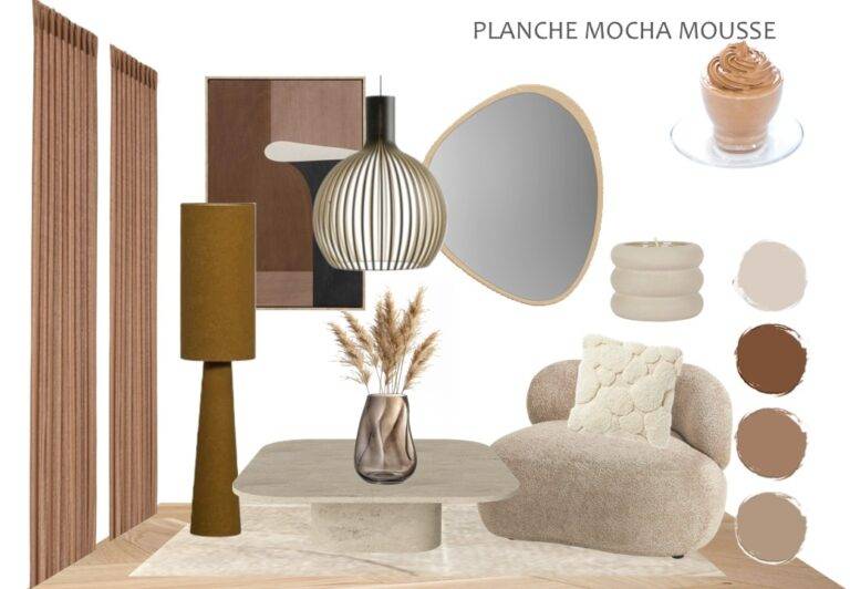 Un mood board d'intérieur moderne comprend une chaise beige confortable et texturée, une table basse taupe, une grande lampe marron et une suspension rayée. Des nuances neutres et un vase avec de l'herbe de la pampa rehaussent la scène, tandis qu'un dessert à la mousse de moka et un miroir rond ajoutent la touche finale parfaite.